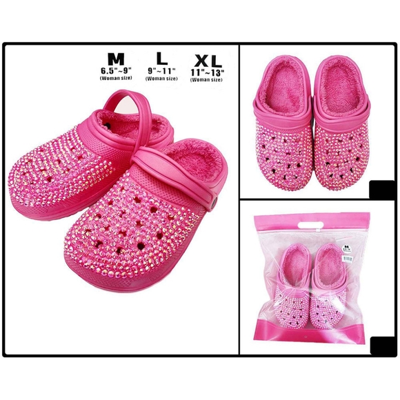 Pink Bling Rhinestone Crystal Fur Slip On Croclike Slides Rubber Clogs Sandals - Picture 2 of 3